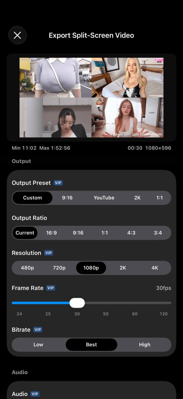 Split-screen export settings